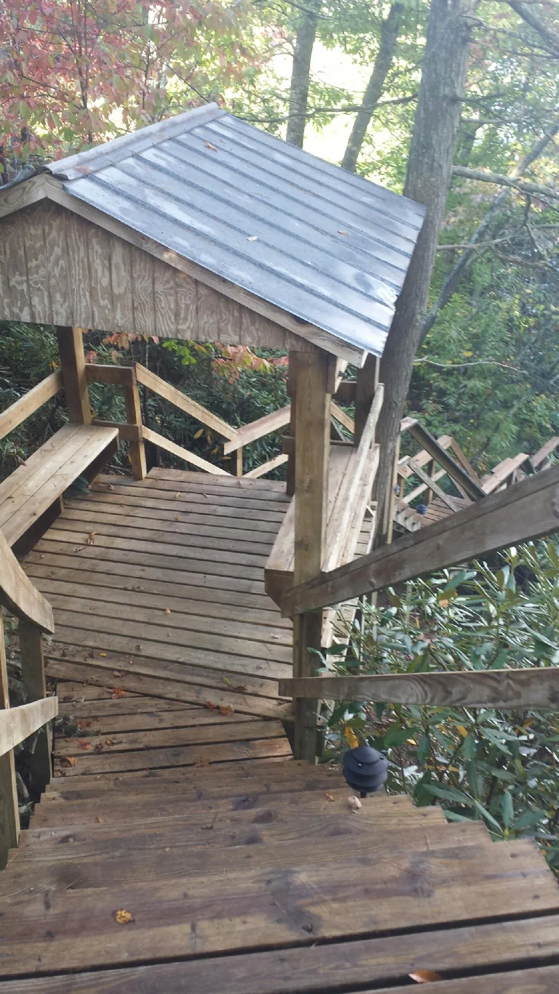 Metal roofed shelter over wooden steps on a wooded walkway — Skylight Repair & Installation work by our crew in Avondale