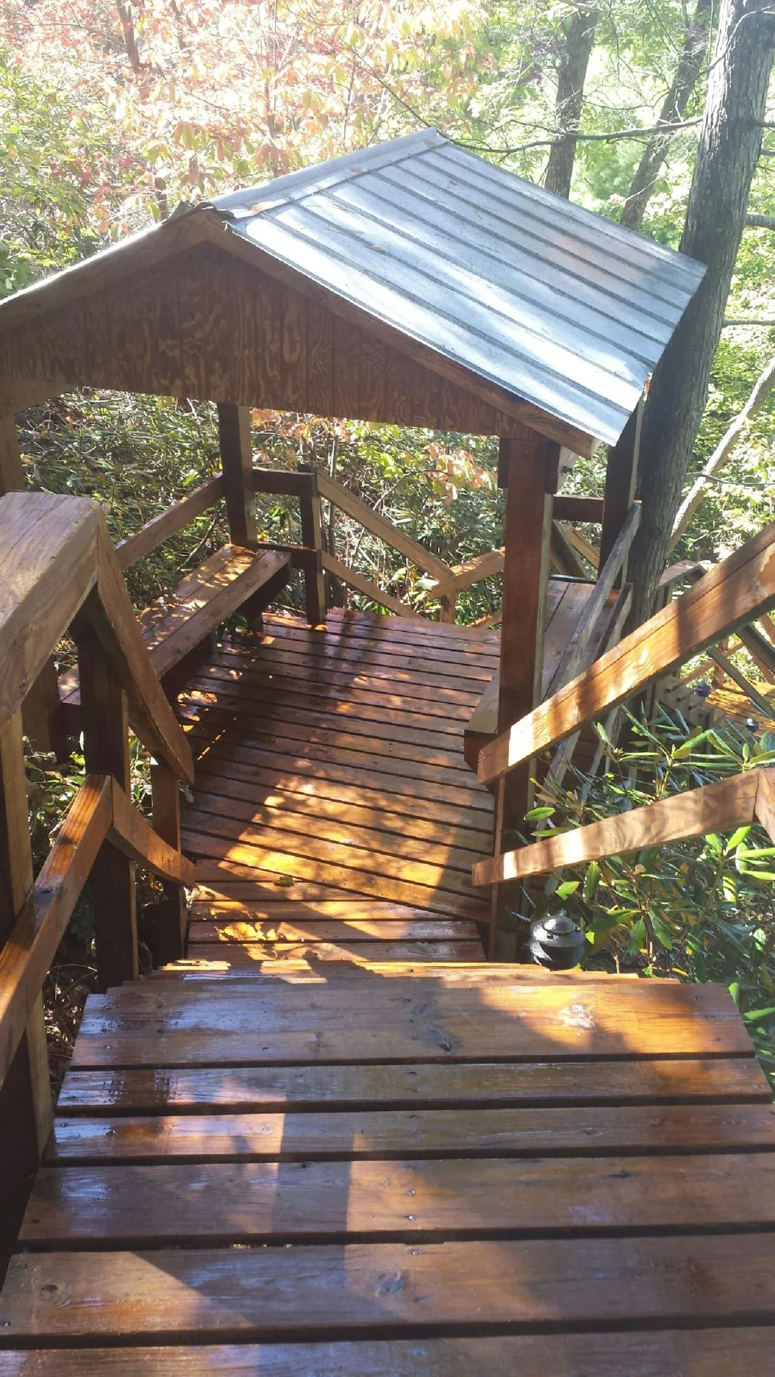 Freshly stained wood walkway and covered shelter with a metal roof in Avondale